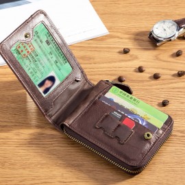BULLCAPTAIN Genuine Leather Zipper Short Wallets Vintage 7 Card Holder Coin Purse