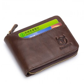 BULLCAPTAIN Genuine Leather Zipper Short Wallets Vintage 7 Card Holder Coin Purse