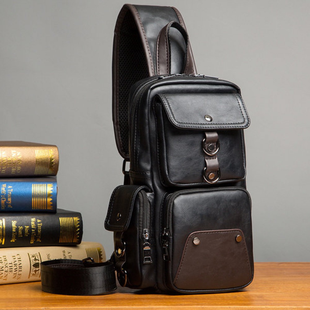 Big Capacity Chest Bag PU Leather Crossbody Bag Patchwork Sling Bag For Men