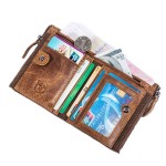 Bullcaptain Vintage Genuine Leather Card Holder 2 Zipper Pockets Coin Bag Wallet For Men