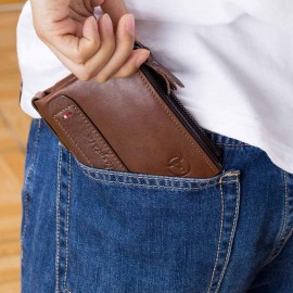 Bullcaptain Vintage Genuine Leather Card Holder 2 Zipper Pockets Coin Bag Wallet For Men