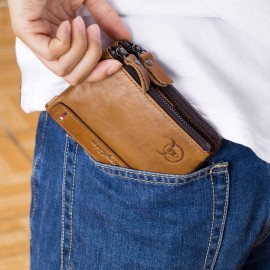 Bullcaptain Vintage Genuine Leather Card Holder 2 Zipper Pockets Coin Bag Wallet For Men