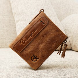 Bullcaptain Vintage Genuine Leather Card Holder 2 Zipper Pockets Coin Bag Wallet For Men