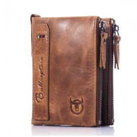 Bullcaptain Vintage Genuine Leather Card Holder 2 Zipper Pockets Coin Bag Wallet For Men