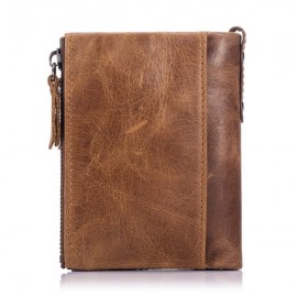 Bullcaptain Vintage Genuine Leather Card Holder 2 Zipper Pockets Coin Bag Wallet For Men