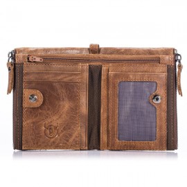 Bullcaptain Vintage Genuine Leather Card Holder 2 Zipper Pockets Coin Bag Wallet For Men