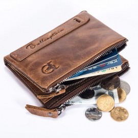 Bullcaptain Vintage Genuine Leather Card Holder 2 Zipper Pockets Coin Bag Wallet For Men