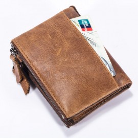 Bullcaptain Vintage Genuine Leather Card Holder 2 Zipper Pockets Coin Bag Wallet For Men