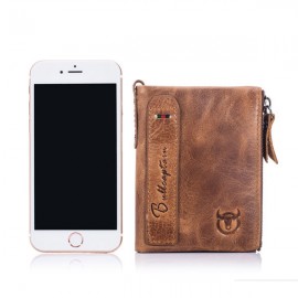 Bullcaptain Vintage Genuine Leather Card Holder 2 Zipper Pockets Coin Bag Wallet For Men