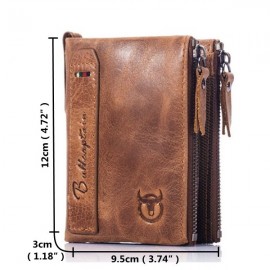 Bullcaptain Vintage Genuine Leather Card Holder 2 Zipper Pockets Coin Bag Wallet For Men