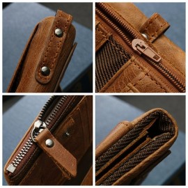 Bullcaptain Vintage Genuine Leather Card Holder 2 Zipper Pockets Coin Bag Wallet For Men