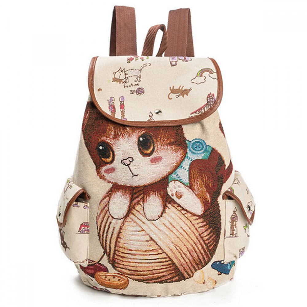 Canvas Casual Cartoon Cat Pattern School Bag Backpack Shoulder Bags Student Bags