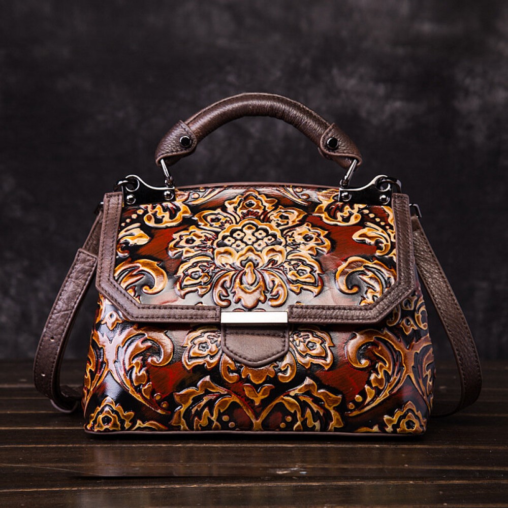 Cowhide Embroidery Handbags Vintage Craft Shoulder Crossbody Bags