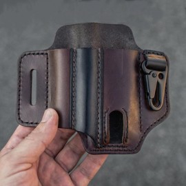 EDC Genuine Leather Multitool Flashlight Belt Sheath With Keychain Organizer