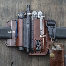 EDC Genuine Leather Multitool Flashlight Belt Sheath With Keychain Organizer