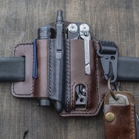 EDC Genuine Leather Multitool Flashlight Belt Sheath With Keychain Organizer