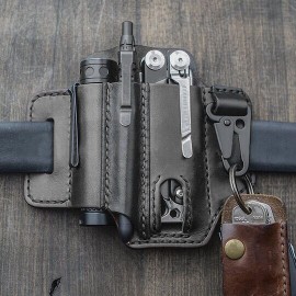 EDC Genuine Leather Multitool Flashlight Belt Sheath With Keychain Organizer