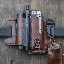 EDC Genuine Leather Multitool Flashlight Belt Sheath With Keychain Organizer