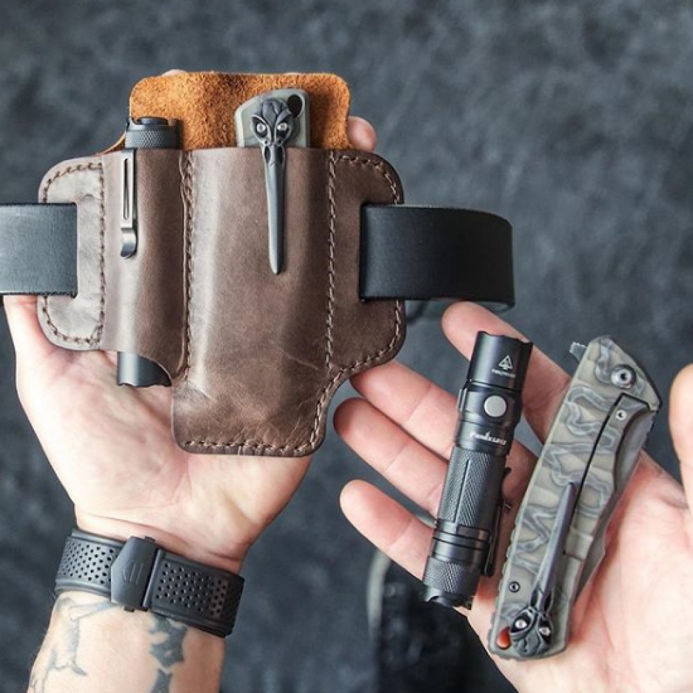 EDC Genuine Leather Multitool Flashlight Organizer Gear Sheath Waist Belt Bag
