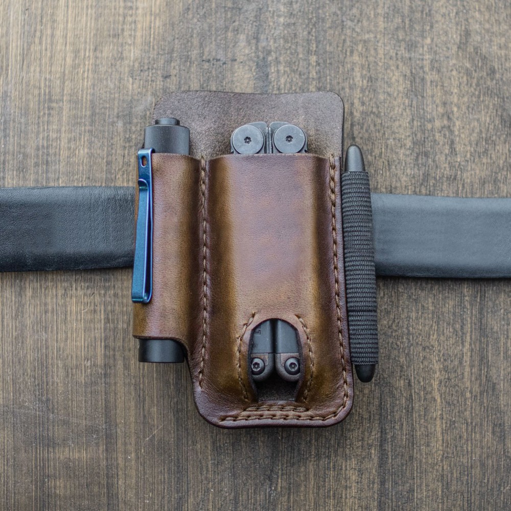 EDC Genuine Leather Multitool Flashlight Pen Organizer Gear Sheath Waist Belt Bag