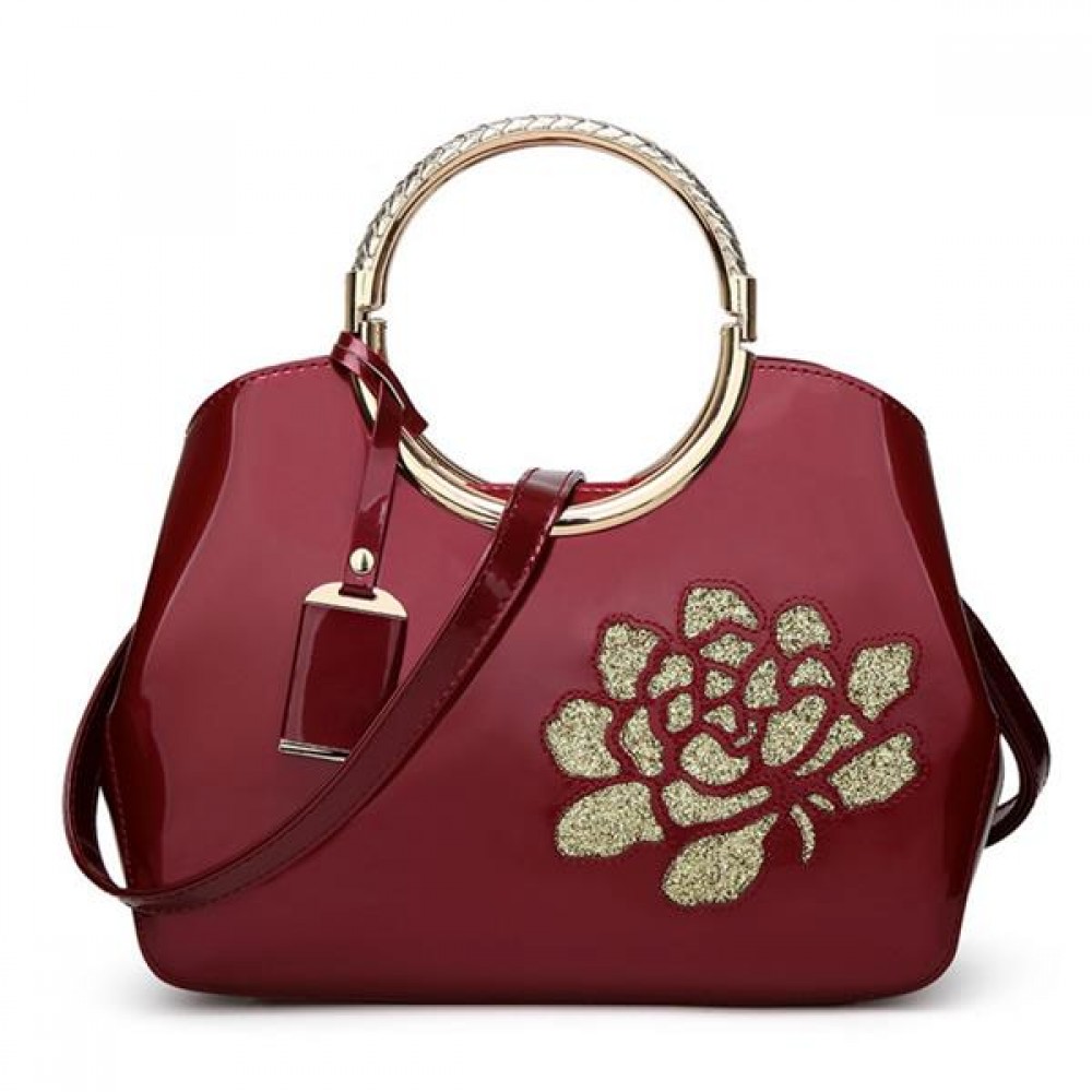 Fashion New Embroidery Flower Bright Patent Leather Shell Ladies Handbag