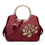 Fashion New Embroidery Flower Bright Patent Leather Shell Ladies Handbag