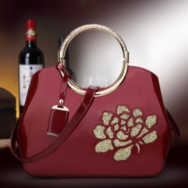 Fashion New Embroidery Flower Bright Patent Leather Shell Ladies Handbag
