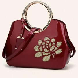 Fashion New Embroidery Flower Bright Patent Leather Shell Ladies Handbag