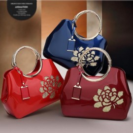 Fashion New Embroidery Flower Bright Patent Leather Shell Ladies Handbag
