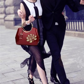 Fashion New Embroidery Flower Bright Patent Leather Shell Ladies Handbag