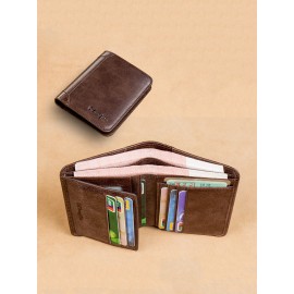 Ferricos RFID Antimagnetic Genuine Leather Vintage Tri-fold Large Capacity Short Wallet For Men