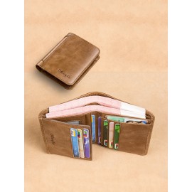 Ferricos RFID Antimagnetic Genuine Leather Vintage Tri-fold Large Capacity Short Wallet For Men