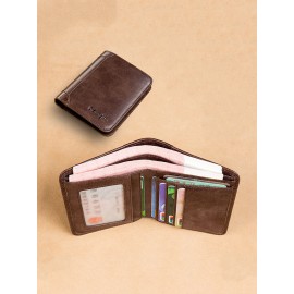 Ferricos RFID Antimagnetic Genuine Leather Vintage Tri-fold Large Capacity Short Wallet For Men
