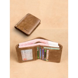 Ferricos RFID Antimagnetic Genuine Leather Vintage Tri-fold Large Capacity Short Wallet For Men
