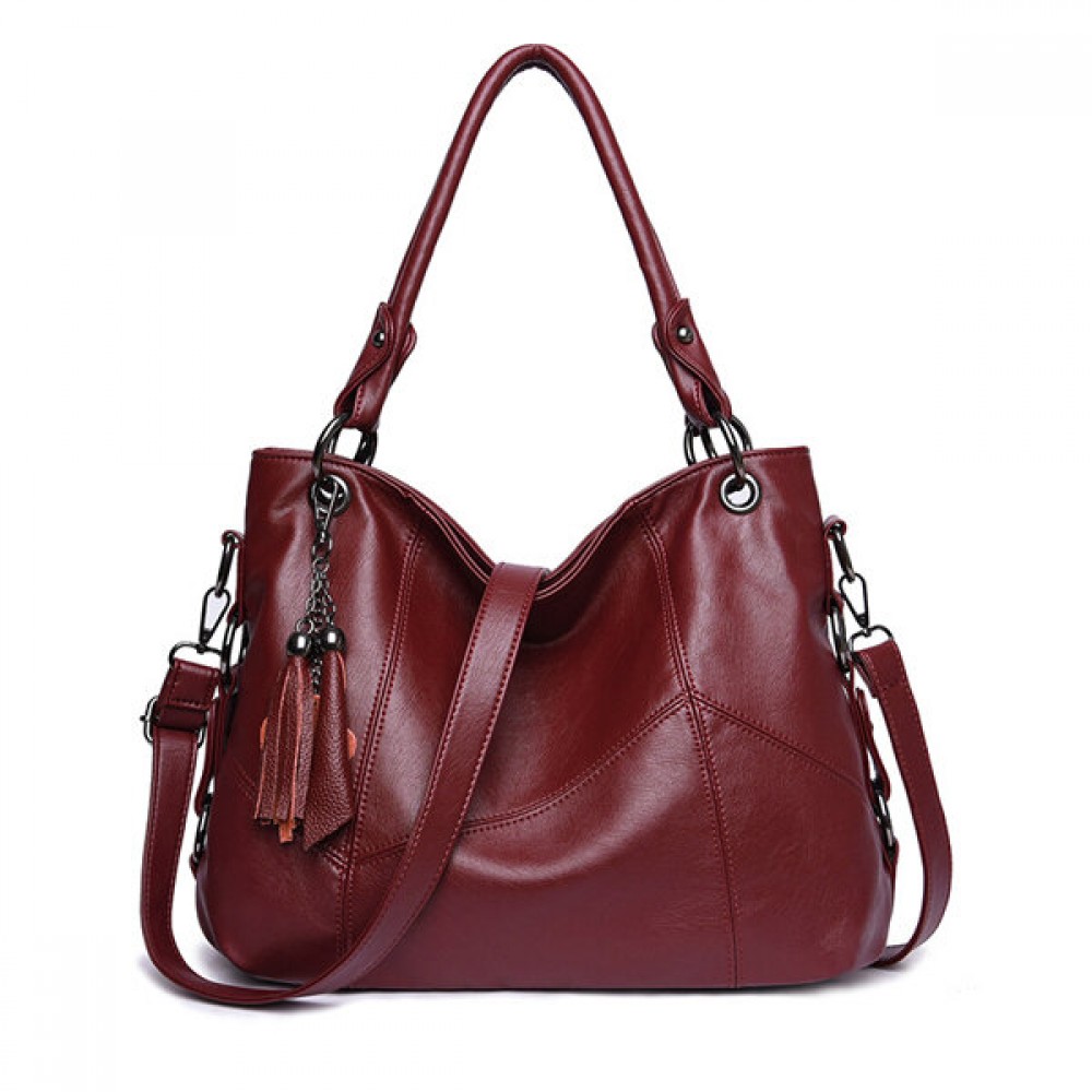 Genuine Leather Tassel Pendant Plaid Handbag Crossbody Bag For Women