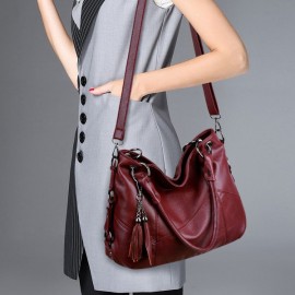 Genuine Leather Tassel Pendant Plaid Handbag Crossbody Bag For Women