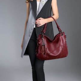 Genuine Leather Tassel Pendant Plaid Handbag Crossbody Bag For Women