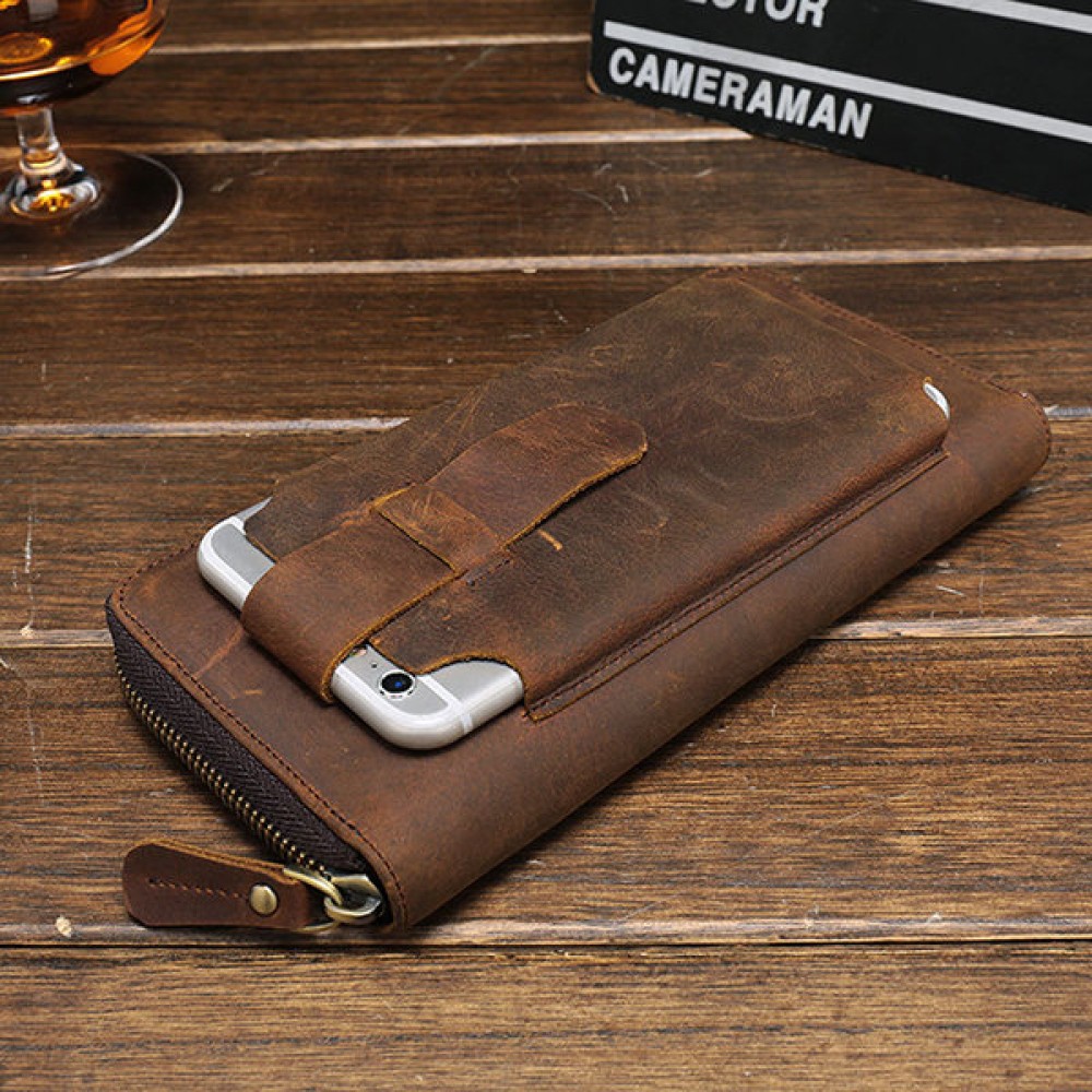 Genuine Leather Vintage Coin Bag Business Zipper Long 5.5 Inche Phone Wallet For Men