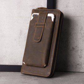 Genuine Leather Vintage Coin Bag Business Zipper Long 5.5 Inche Phone Wallet For Men