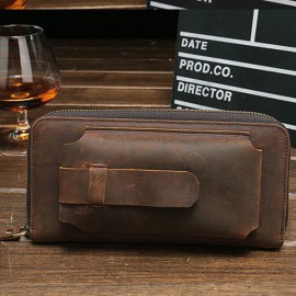Genuine Leather Vintage Coin Bag Business Zipper Long 5.5 Inche Phone Wallet For Men