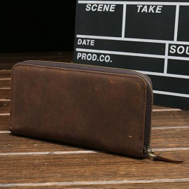 Genuine Leather Vintage Coin Bag Business Zipper Long 5.5 Inche Phone Wallet For Men