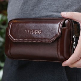 Men 6.3 Inch Solid Genuine Leather Belt Phone Bag