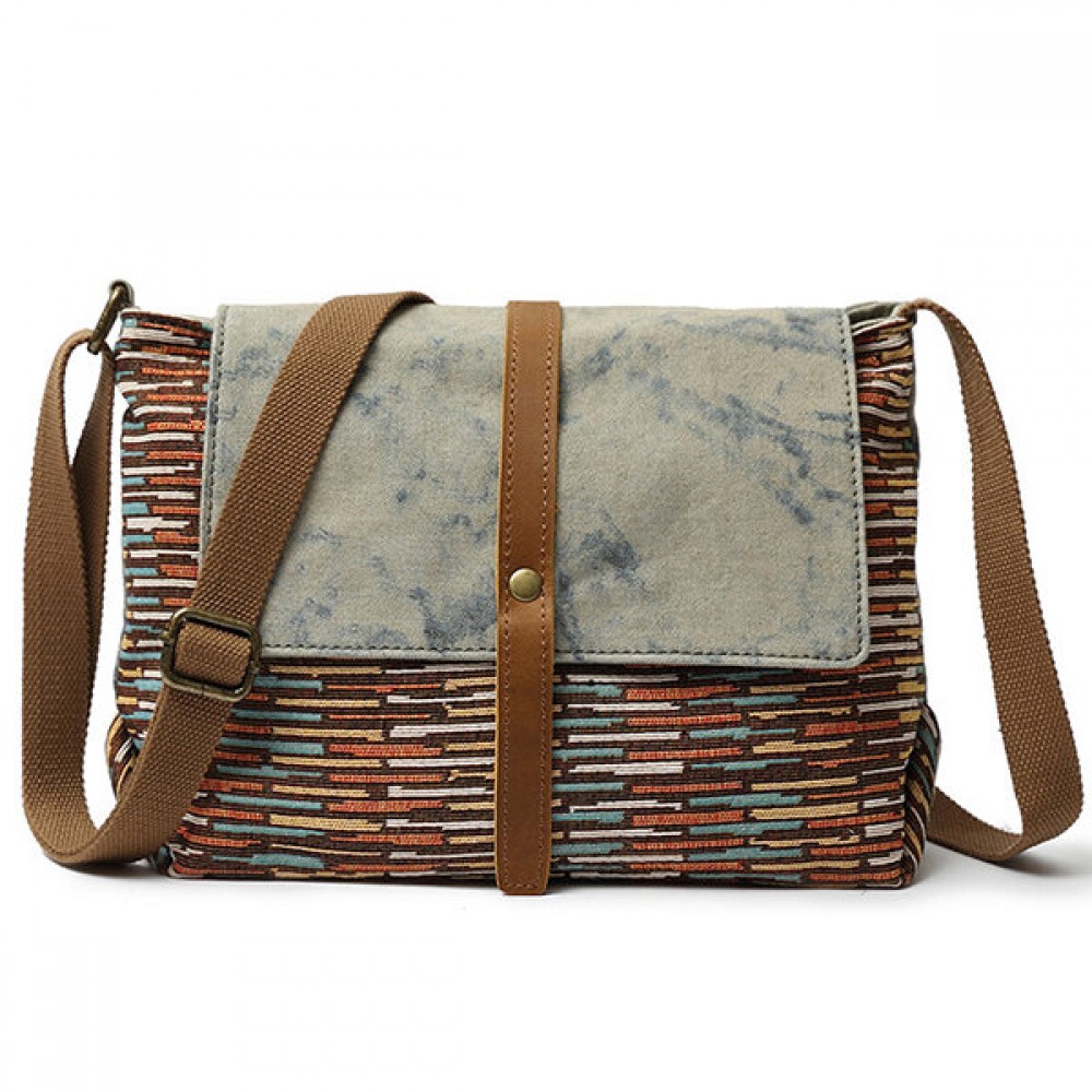 Men And Women Genuine Leather Canvas Vintage Crossbody Bag Leisure Print Shoulder Bag