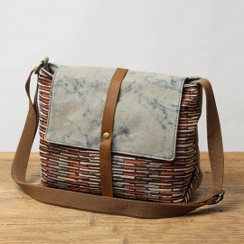 Men And Women Genuine Leather Canvas Vintage Crossbody Bag Leisure Print Shoulder Bag