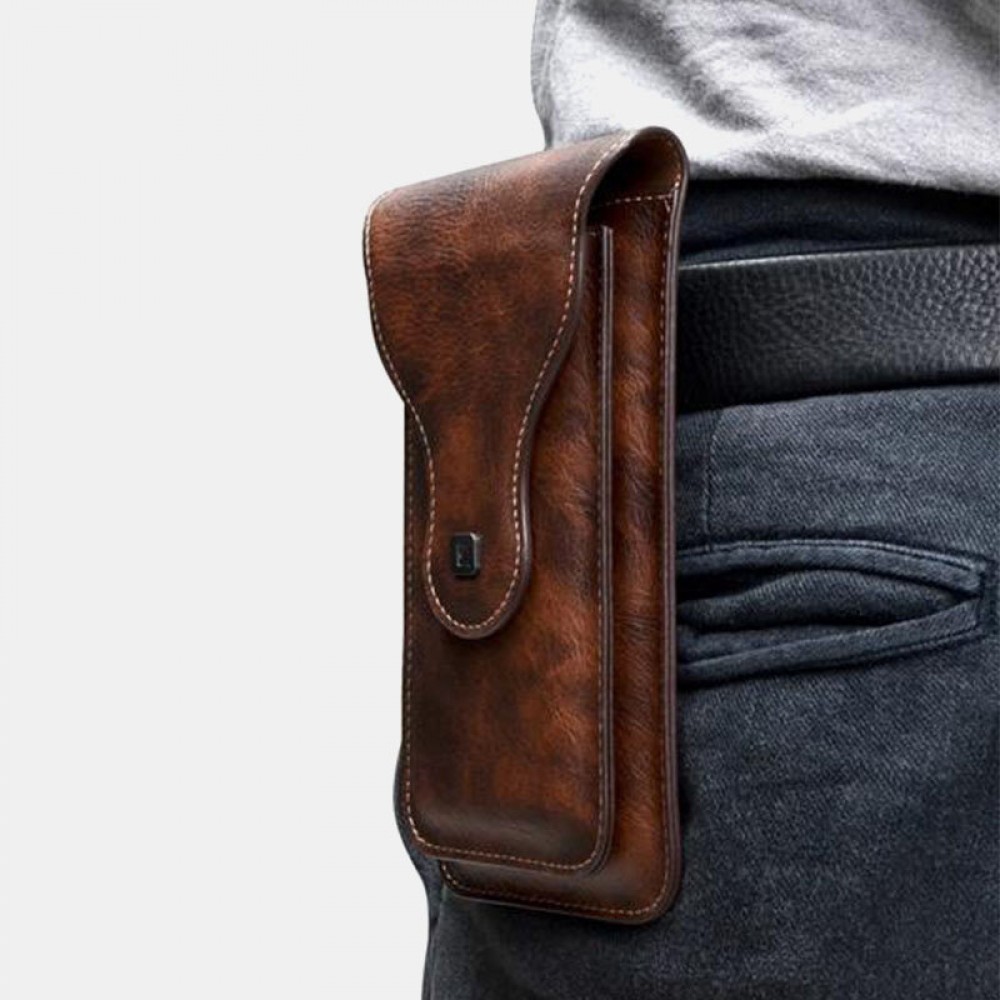 Men EDC 6.3 Inch Genuine Leather Phone Holder Waist Belt Bag