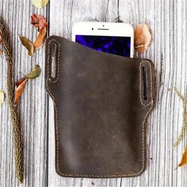 Men EDC Genuine Leather 6.3 Inch Phone Holder Case Waist Belt Bag