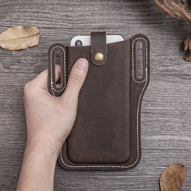 Men EDC Genuine Leather 6.3 Inch Retro Short Cell Phone Case Belt Bag