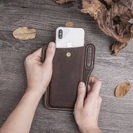 Men EDC Genuine Leather 6.3 Inch Retro Short Cell Phone Case Belt Bag