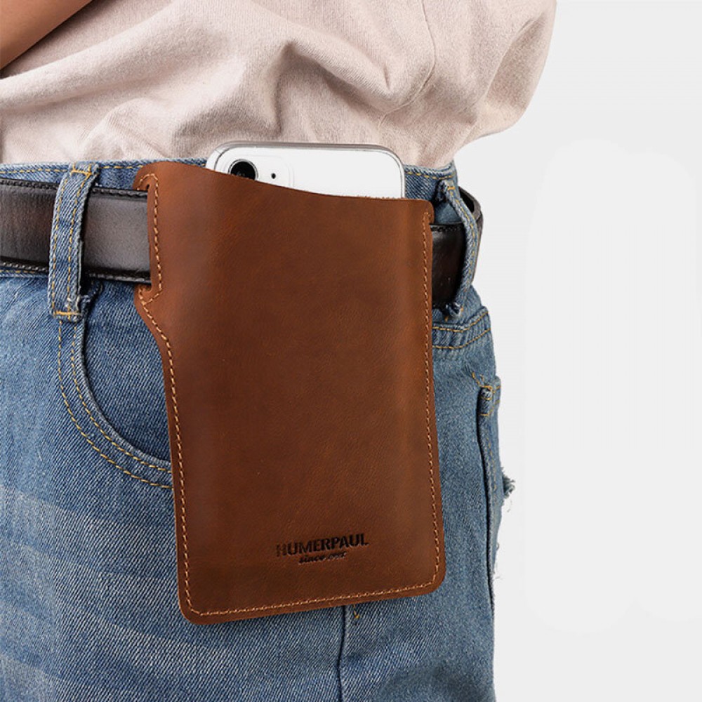 Men EDC Genuine Leather 6.5 Inch Phone Holder Sleeve Case Waist Belt Bag