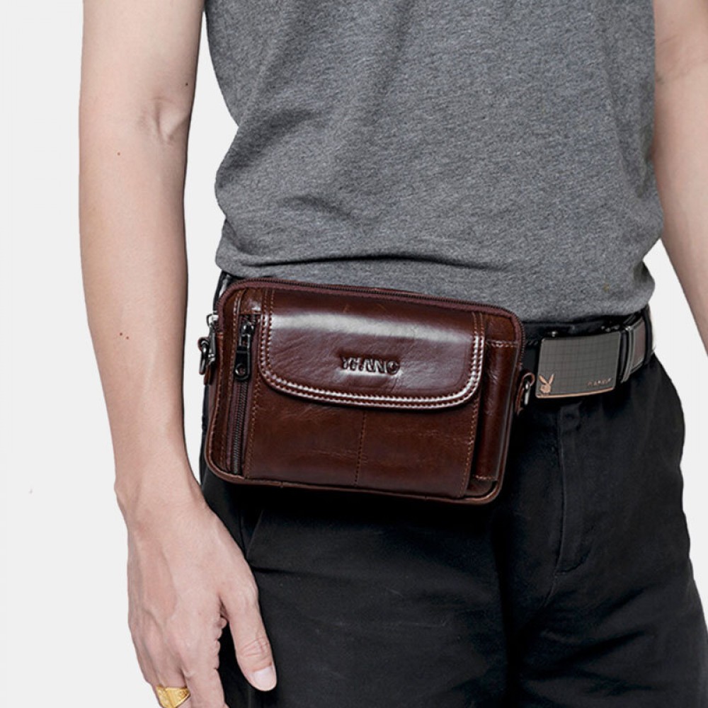 Men EDC Genuine Leather 6.5 Inch Retro Outdoor Waist Belt Bag Crossbody Bag
